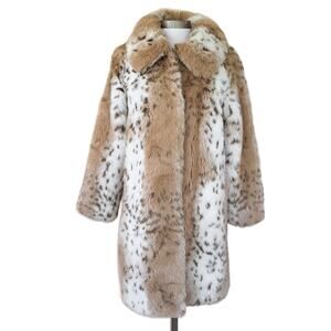 PAMELA MCCOY Lynx Faux Fur Coat Stroller Size Small Tan Off-White Mid Length
